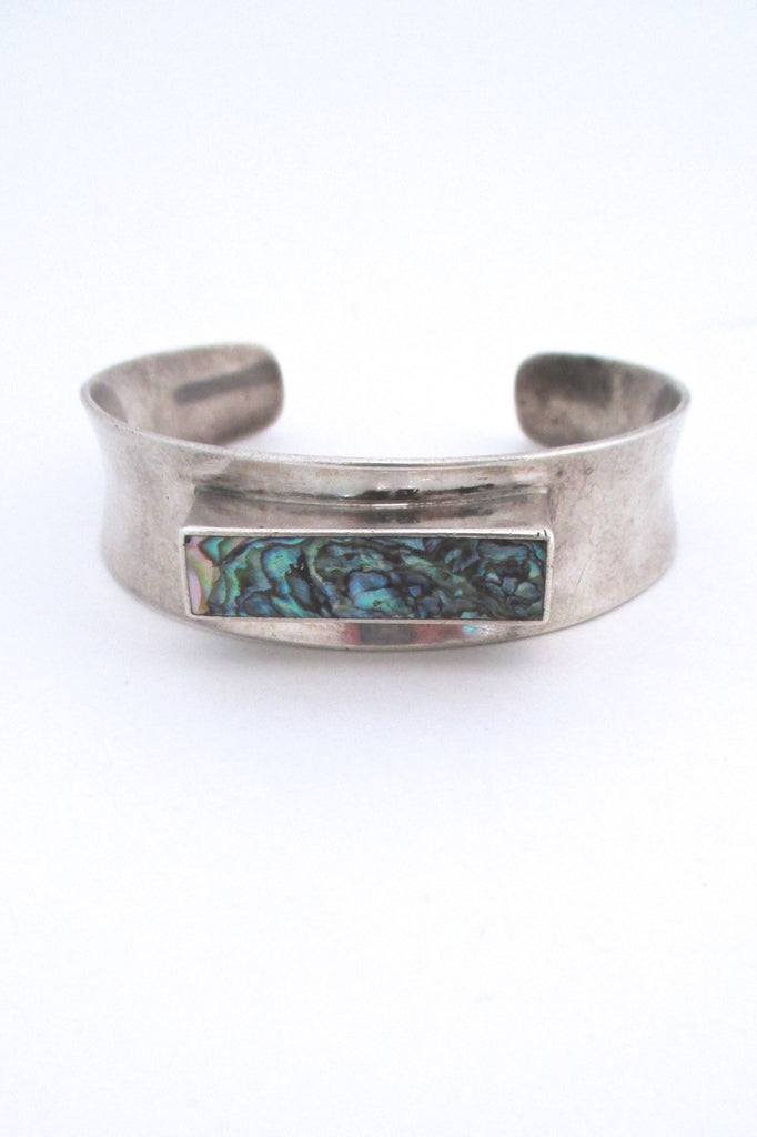 Arne Johansen Denmark vintage Scandinavian Modern silver abalone cuff bracelet