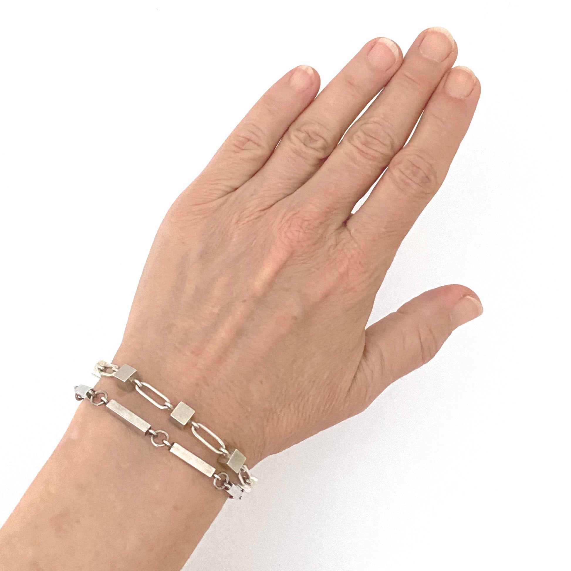 pair Arne Johansen Denmark vintage silver cubes bars link bracelet sScandinavian Modernist jewelry design