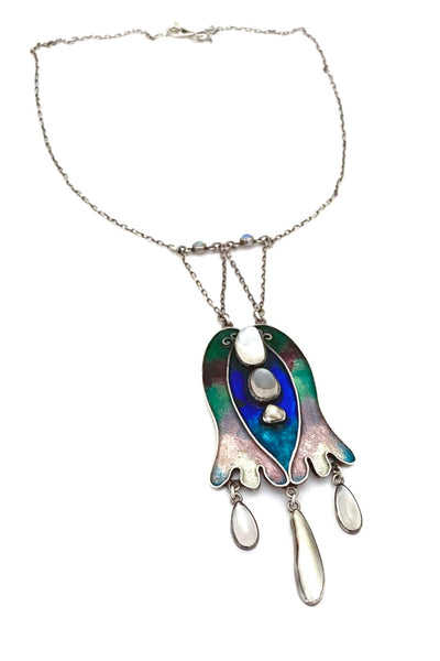 vintage Arts and Crafts silver enamel moonstone baroque pearl opal necklace ca 1920s