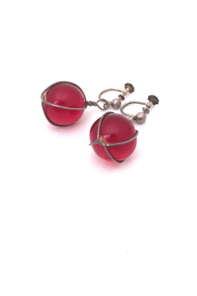 Bent K Knudsen Denmark vintage silver and glass sphere Scandinavian Modern drop earrings red or blue 