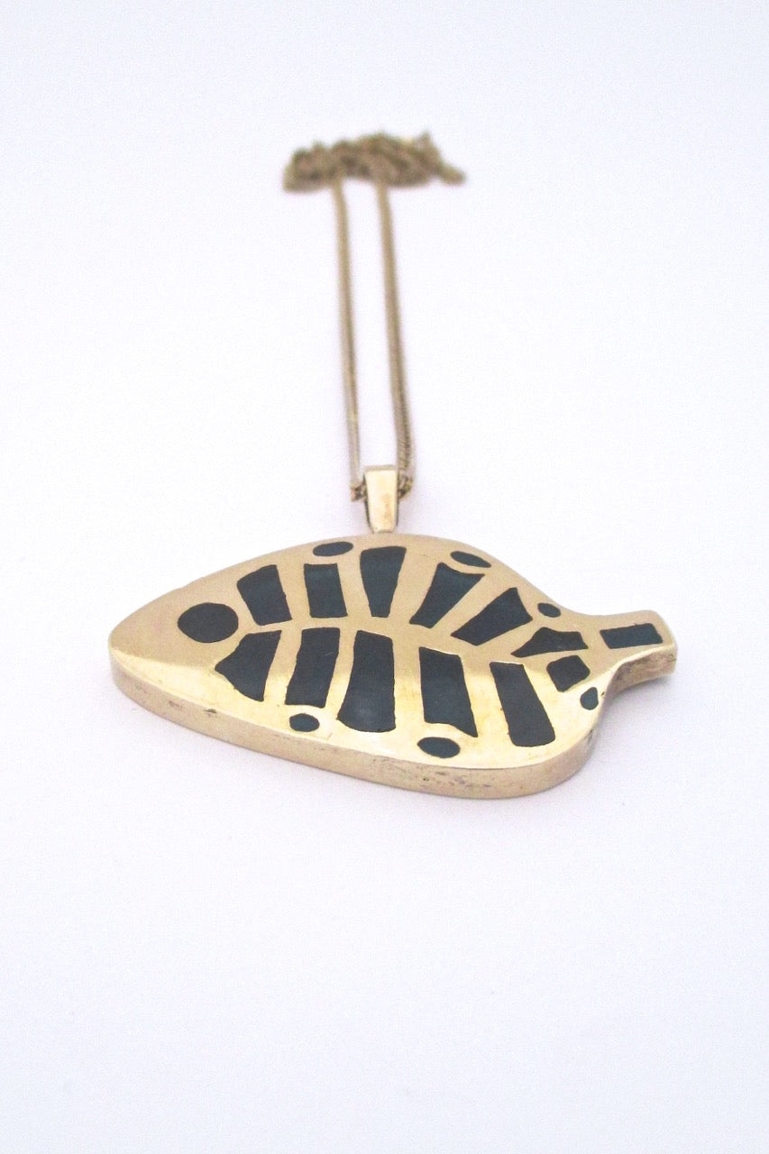 Bernard Chaudron Canada vintage bronze enamel abstract blue fish pendant necklace