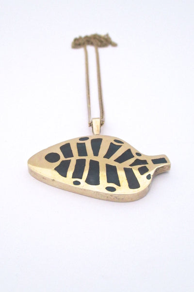 Bernard Chaudron Canada vintage bronze enamel abstract blue fish pendant necklace