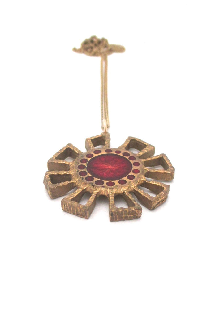 Bernard Chaudron Canada vintage brutalist bronze two sided red flower necklace