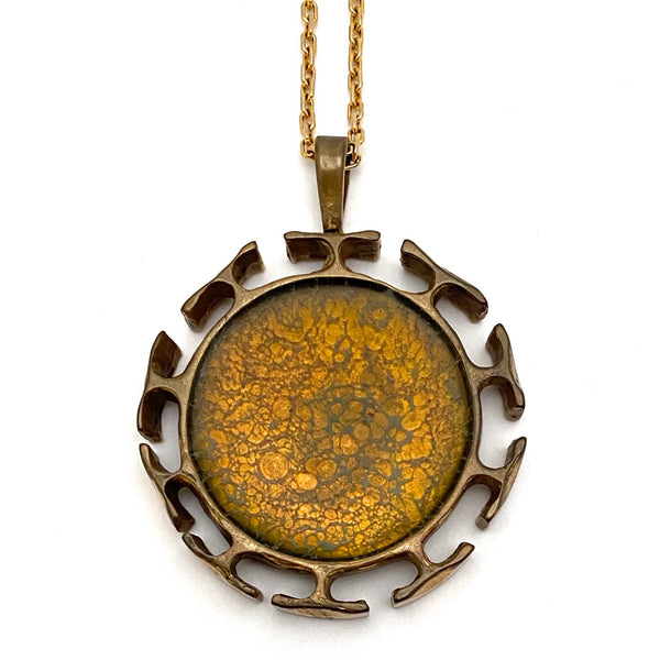 detail Bernard Chaudron Canada large vintage bronze resin enamel two sided two colours pendant necklace