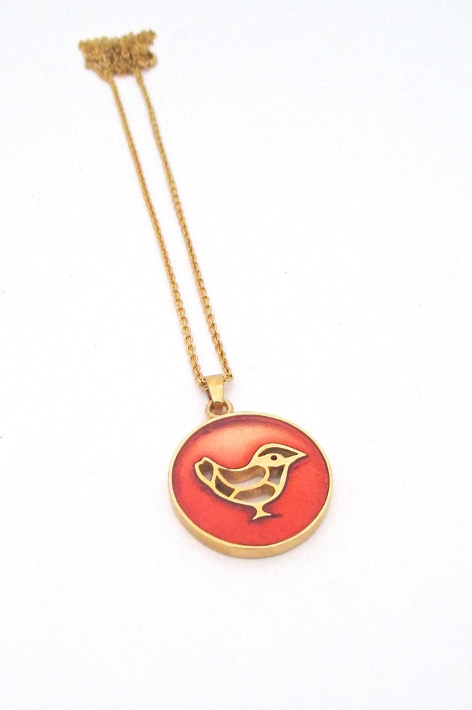 Bernard Chaudron Canada vintage Modernist resin enamel song bird pendant necklace orange
