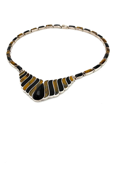 Bernice Goodspeed Mexico large tiger eye onyx articulated necklace Modernist jewelry design