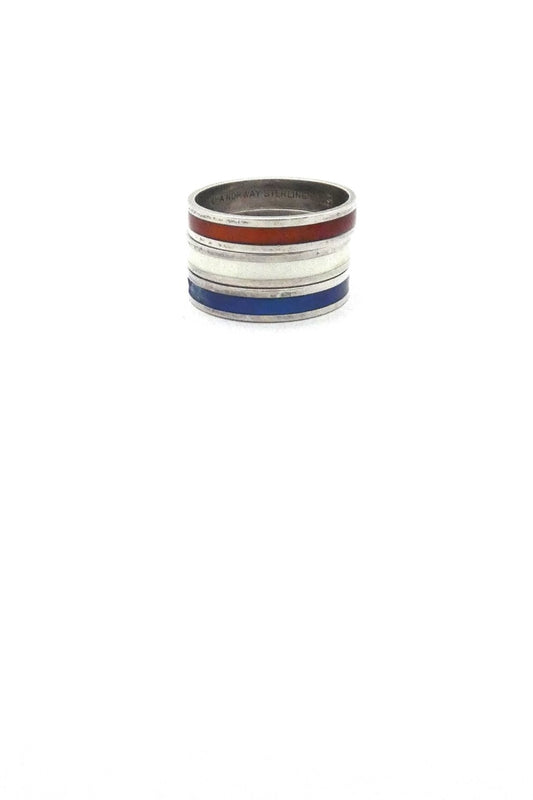 David-Andersen Norway vintage silver enamel band rings blue red white Scandinavian Modern design jewelry