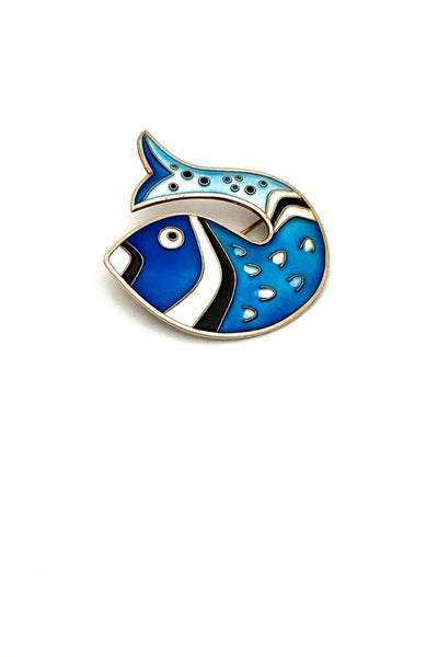 David-Andersen Norway vintage silver enamel fish brooch blue Scandinavian Modernist jewelry design