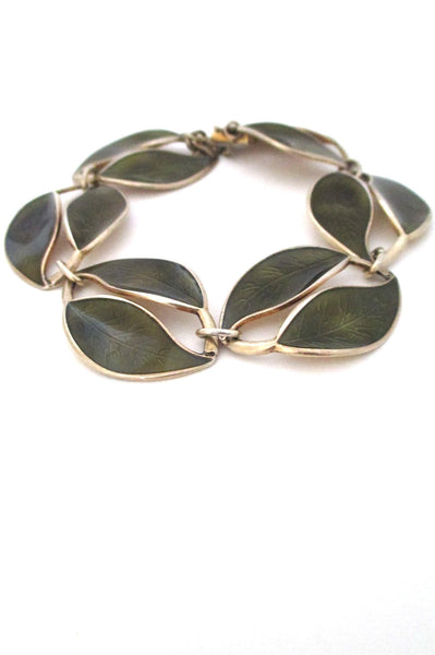 David-Andersen Norway vintage silver & enamel olive green leaf bracelet by Willy Winnaess