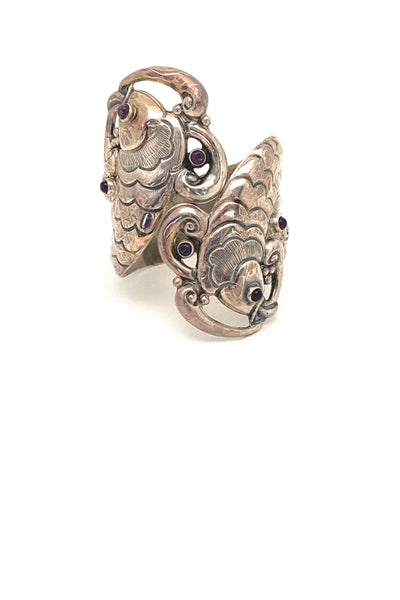 large vintage silver amethyst fish clamper bracxelet by E de Pichardo Renacimiento, Taxco Mexico mid century modernist jewelry design 