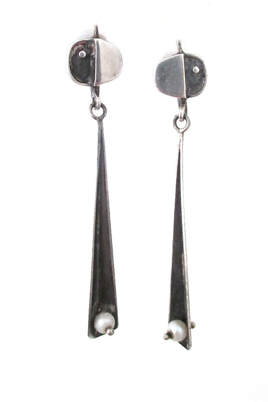 Ed Wiener American Modernist sterling silver pearl long drop earrings