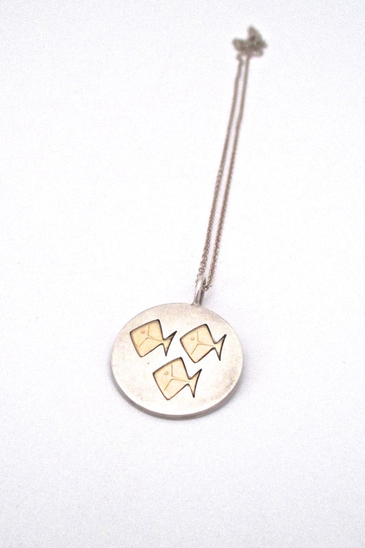 Elis Kauppi for Kupittaan Kulta Finland vintage Scandinavian Modernist silver gold plate trio of fish pendant necklace