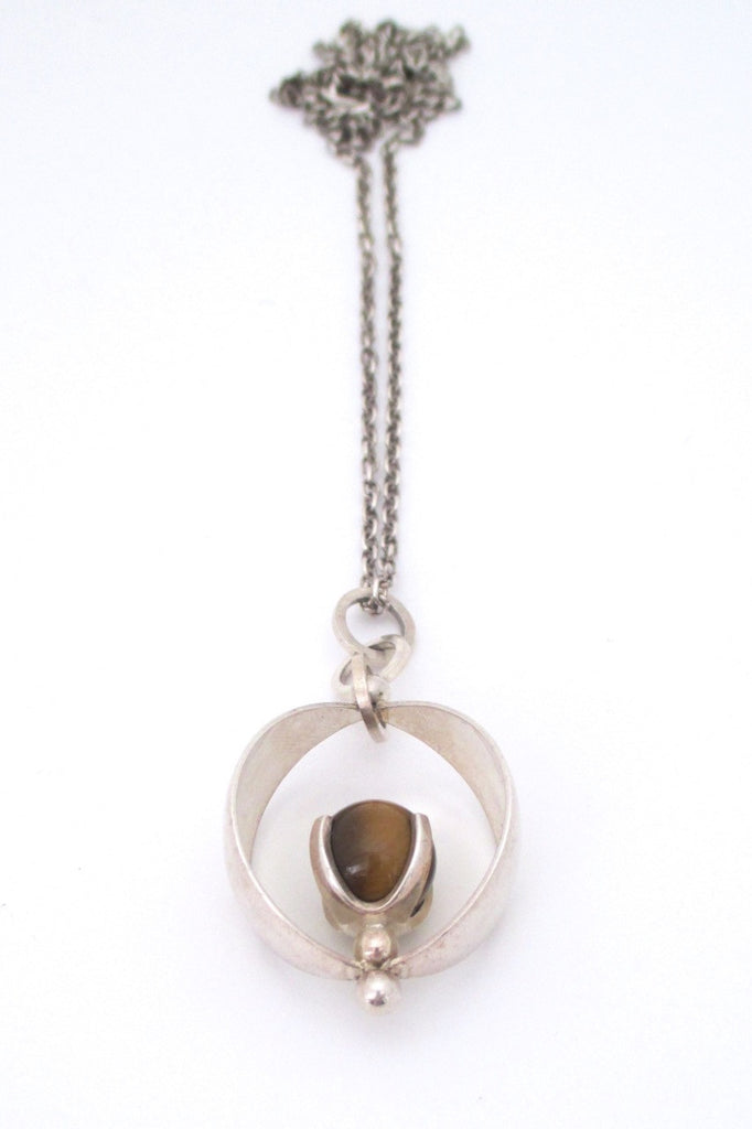 Elis Kauppi Kupittaan Kulta Finland vintage Scandinavian Modern silver tiger eye pendant necklace 1966