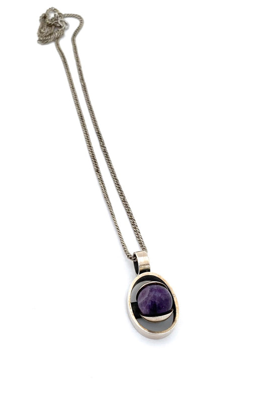 Elis Kauppi Kupittaan Kulta Finland vintage sterling silver amethyst sphere pendant necklace Scandinavian Modernist jewelry design