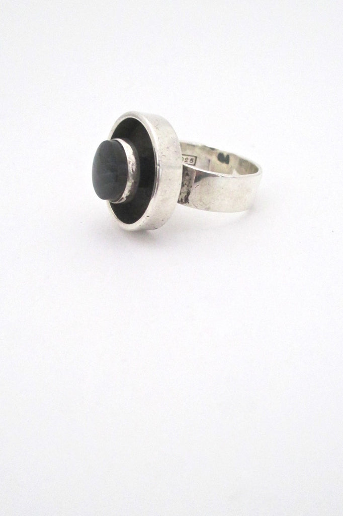detail Elis Kauppi for Kupittaan Kulta Finland vintage silver labradorite shadowbox ring mid century modernist design