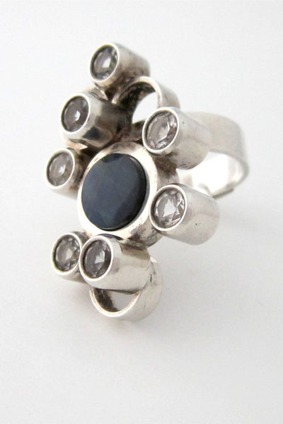 Elis Kauppi Finland silver, spectrolite & rock crystal ring