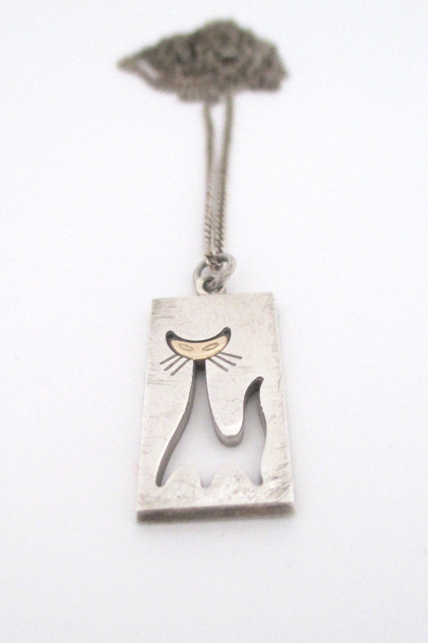 Elis Kauppi for Kupittaan Kulta Finland vintage sterling & gold cat pendant necklace