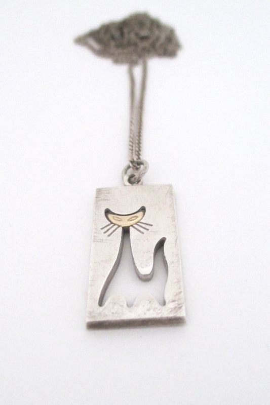 Elis Kauppi for Kupittaan Kulta Finland vintage sterling & gold cat pendant necklace