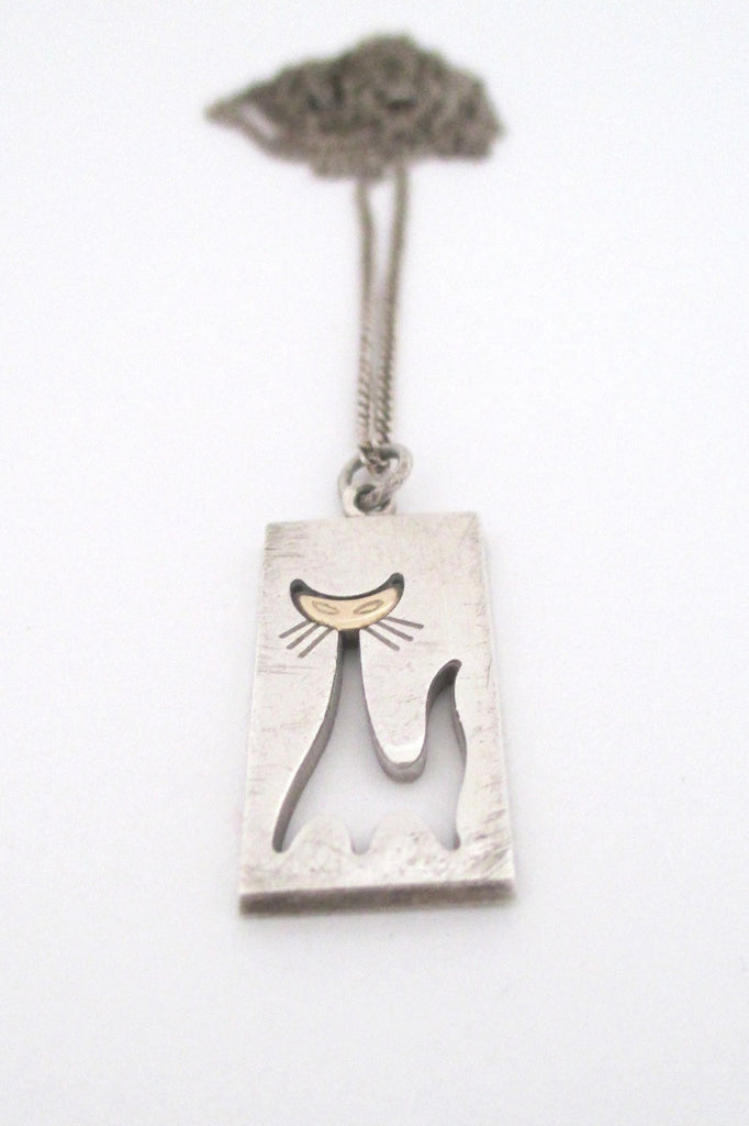 Elis Kauppi for Kupittaan Kulta Finland vintage sterling & gold cat pendant necklace