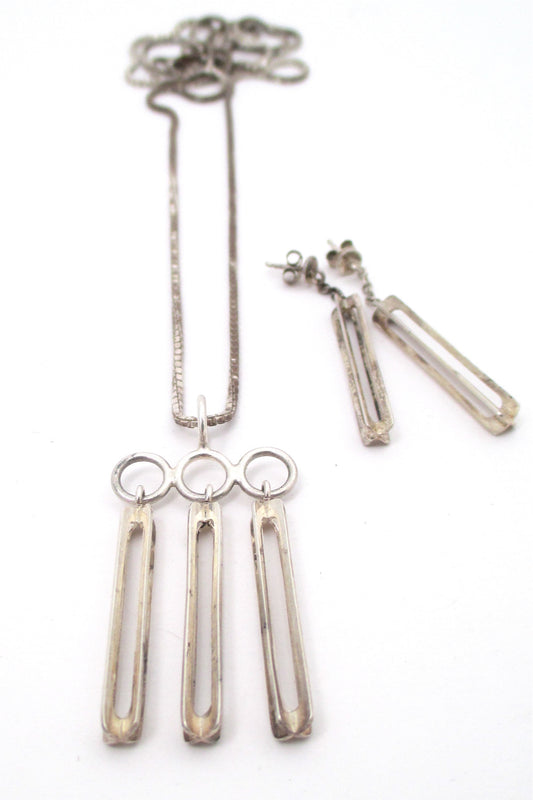 Elis Kauppi for Kupittaan Kulta Finland vintage modernist silver kinetic pendant necklace & earrings set