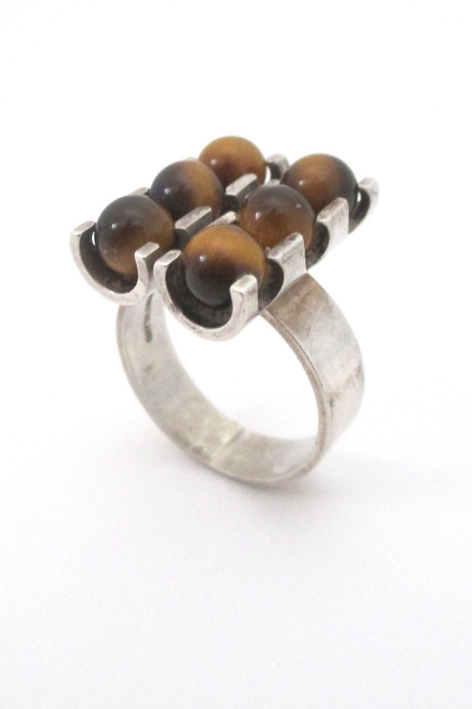 Elis Kauppi for Kupittaan Kulta Finland vintage Sandinavian Modernist silver tigers eye ring