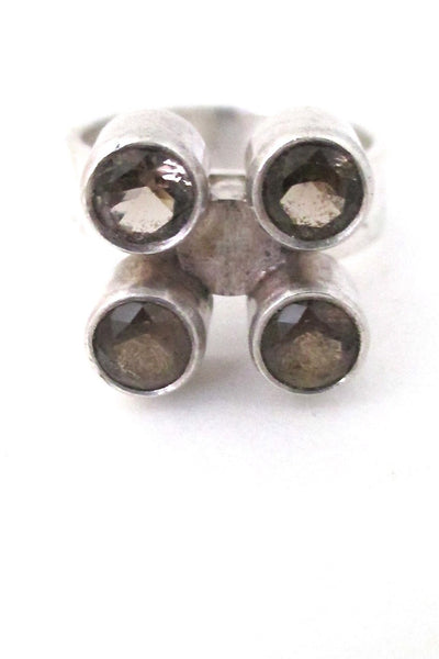 Elis Kauppi for Kupittaan Kulta Finland vintage modernist silver & smoky quartz 4 stone ring