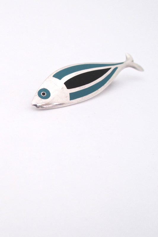 Erik Magnussen Denmark vintage Scandinavian Modernist silver enamel fish brooch