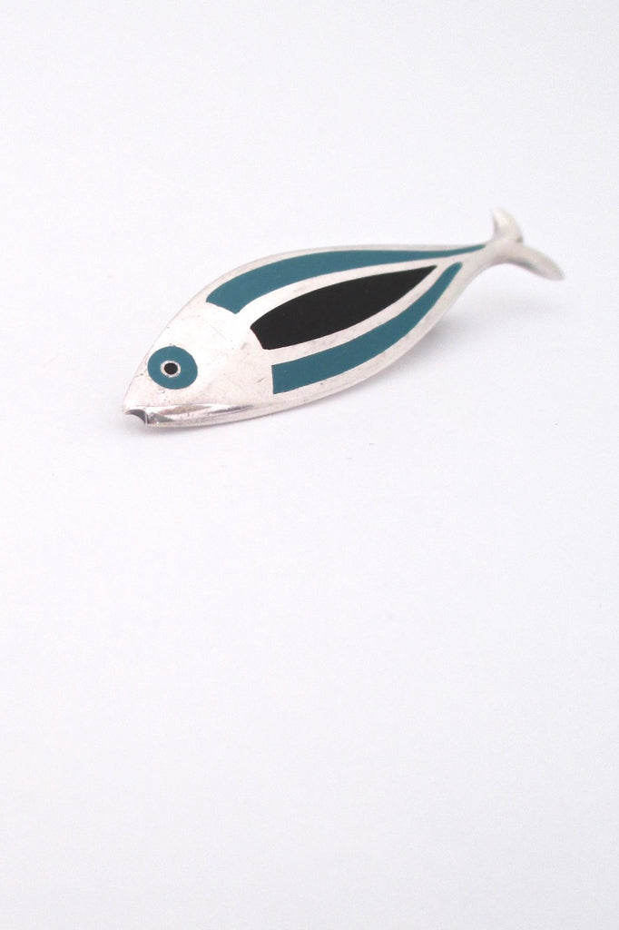 Erik Magnussen Denmark vintage Scandinavian Modernist silver enamel fish brooch