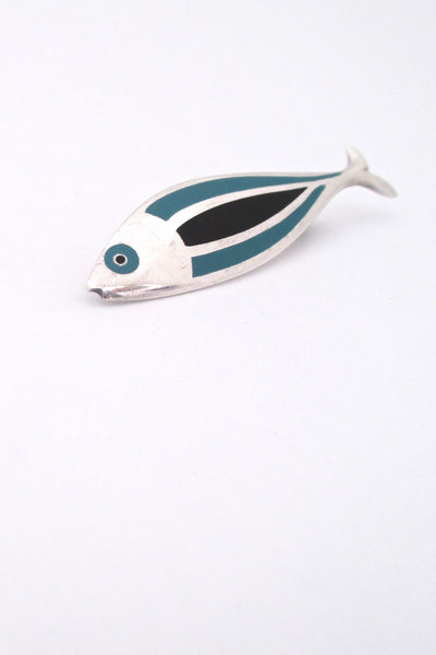 Erik Magnussen Denmark vintage Scandinavian Modernist silver enamel fish brooch