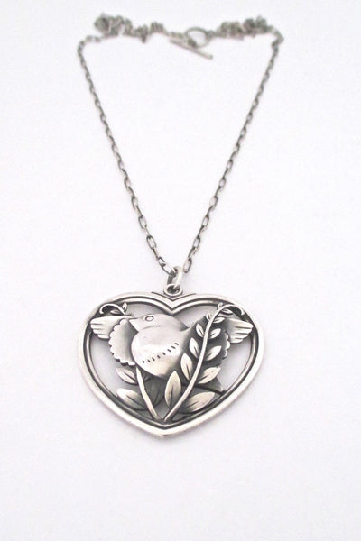 Georg Jensen Denmark vintage silver bird and heart pendant necklace by Arno Malinowksi