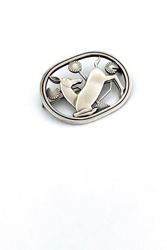 Georg Jensen Denmark vintage silver kneeling deer brooch 256 Arno Malinowski 1942 Scandinavian Modernist jewelry design