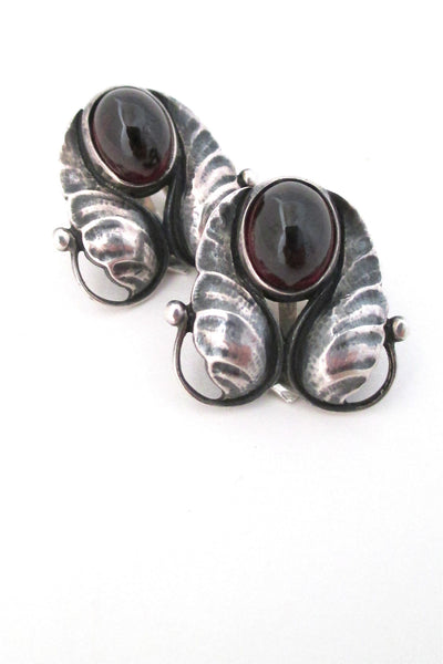 Georg Jensen Denmark vintage leaves and tendrils silver and garnet earrings