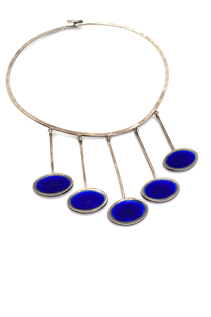 Gine Sommerfeldt for Tostrup Norway rare vintage silver enamel choker necklace 5 drop Scandinavian Modernist jewelry design