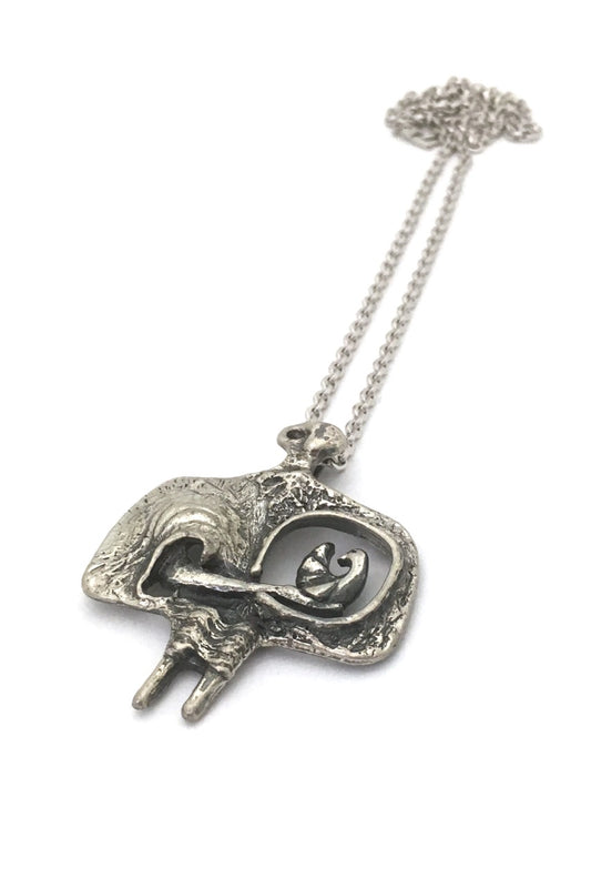Guy Vidal Canada vintage brutalist pewter woman and bird pendant necklace bird in hand