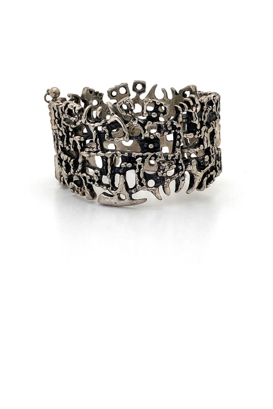Guy Vidal Canada vintage brutalist pewter openwork hinged bracelet Canadian Modernist jewelry design