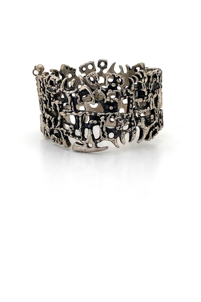 Guy Vidal Canada vintage brutalist pewter openwork hinged bracelet Canadian Modernist jewelry design