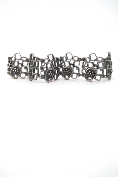 Guy Vidal Canada vintage brutalist pewter openwork panel link bracelet shadowbox motif Canadian Modernist jewelry design