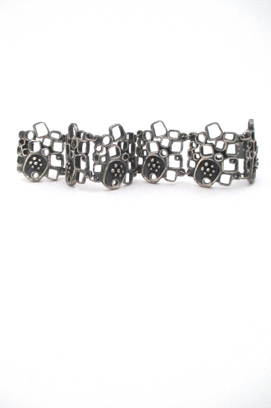 Guy Vidal Canada vintage brutalist pewter openwork panel link bracelet shadowbox motif Canadian Modernist jewelry design
