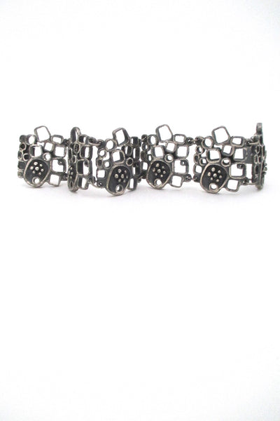 Guy Vidal Canada vintage brutalist pewter openwork panel link bracelet shadowbox motif Canadian Modernist jewelry design