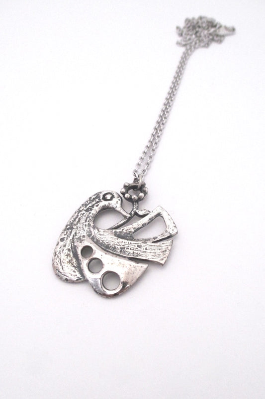 Guy Vidal Canada vintage brutalist pewter bird and flower pendant necklace 1970s jewelry