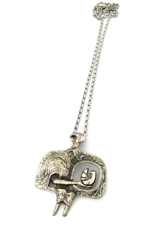 Guy Vidal Canada vintage brutalist pewter woman and bird pendant necklace Canadian Modernist jewelry design