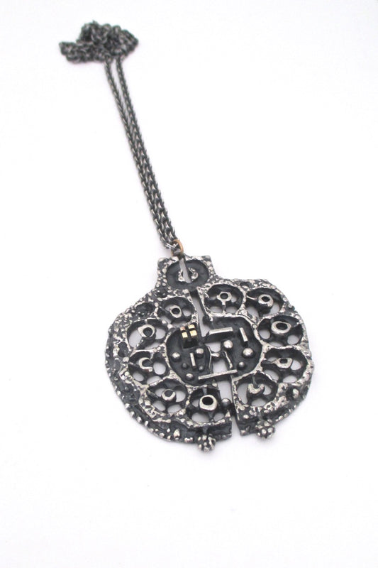 Guy Vidal Canada large vintage brutalist pierced pewter pendant necklace with bronze feature