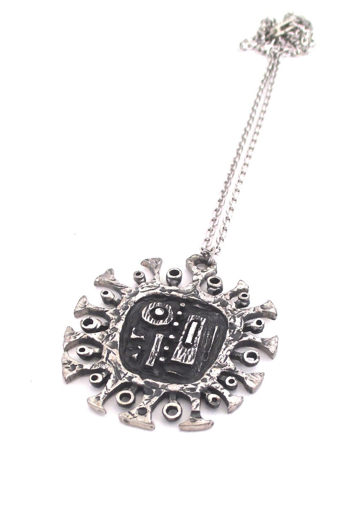 Guy Vidal Canada vintage brutalist pewter 'brutalist sun' large pendant necklace
