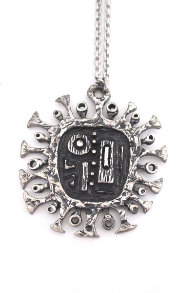 detail Guy Vidal Canada vintage brutalist pewter 'brutalist sun' large pendant necklace