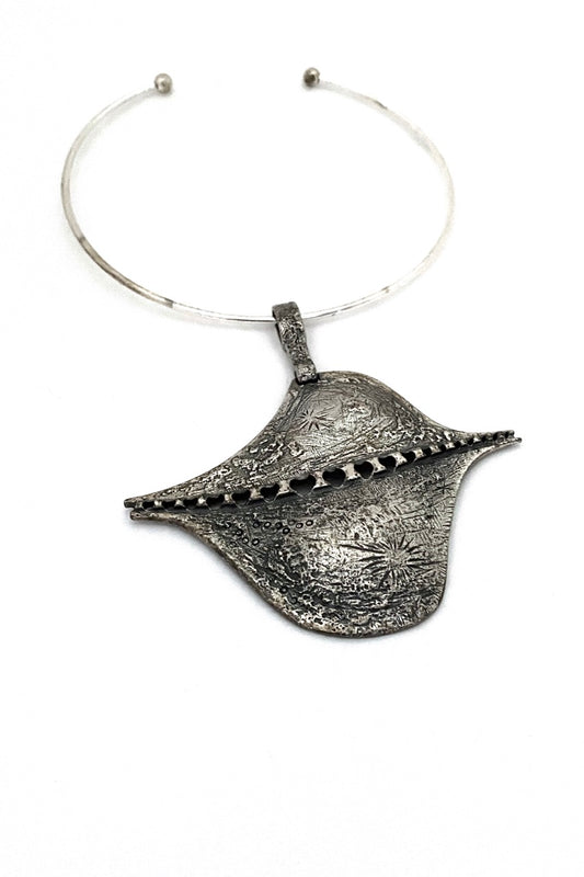 Guy Vidal Canada vintage brutalist pewter extra large pendant for necklace Modernist jewelry design