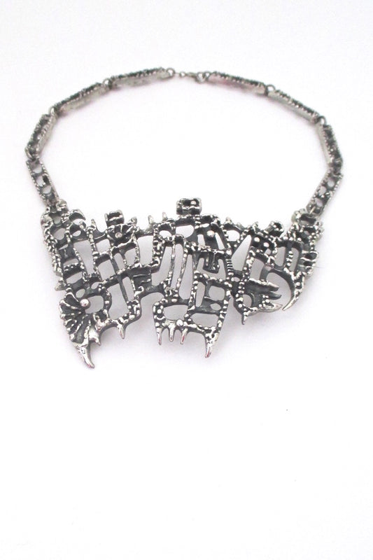 Guy Vidal Canada large vintage brutalist pewter bib necklace
