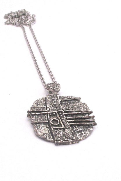 Guy Vidal Canada vintage brutalist pewter dots and stripes large pendant necklace