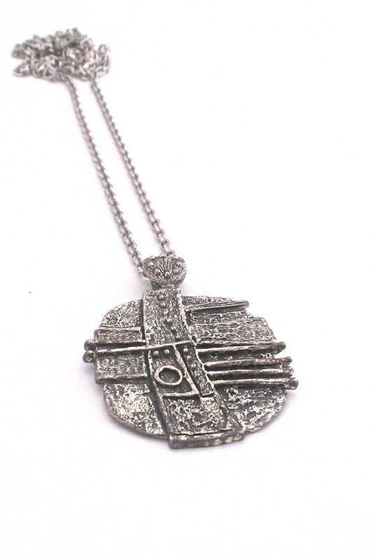 Guy Vidal Canada vintage brutalist pewter dots and stripes large pendant necklace