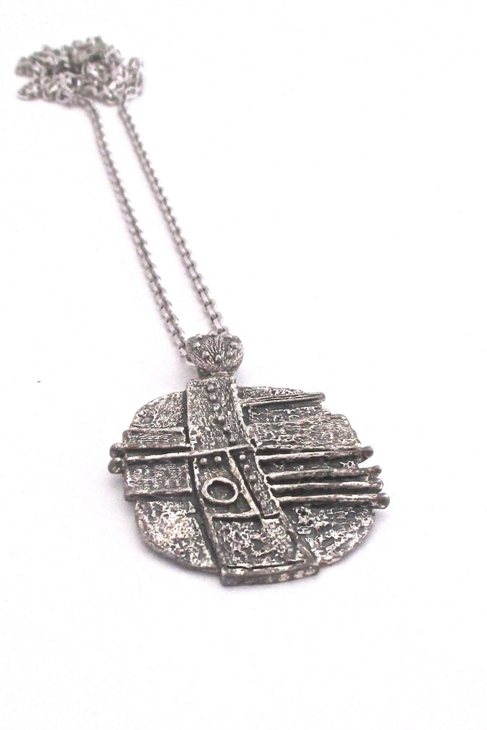 Guy Vidal Canada vintage brutalist pewter dots and stripes large pendant necklace