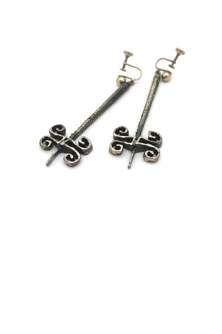 Guy Vidal Canada vintage brutalist pewter long drop earrings Canadian midcentury jewellery design
